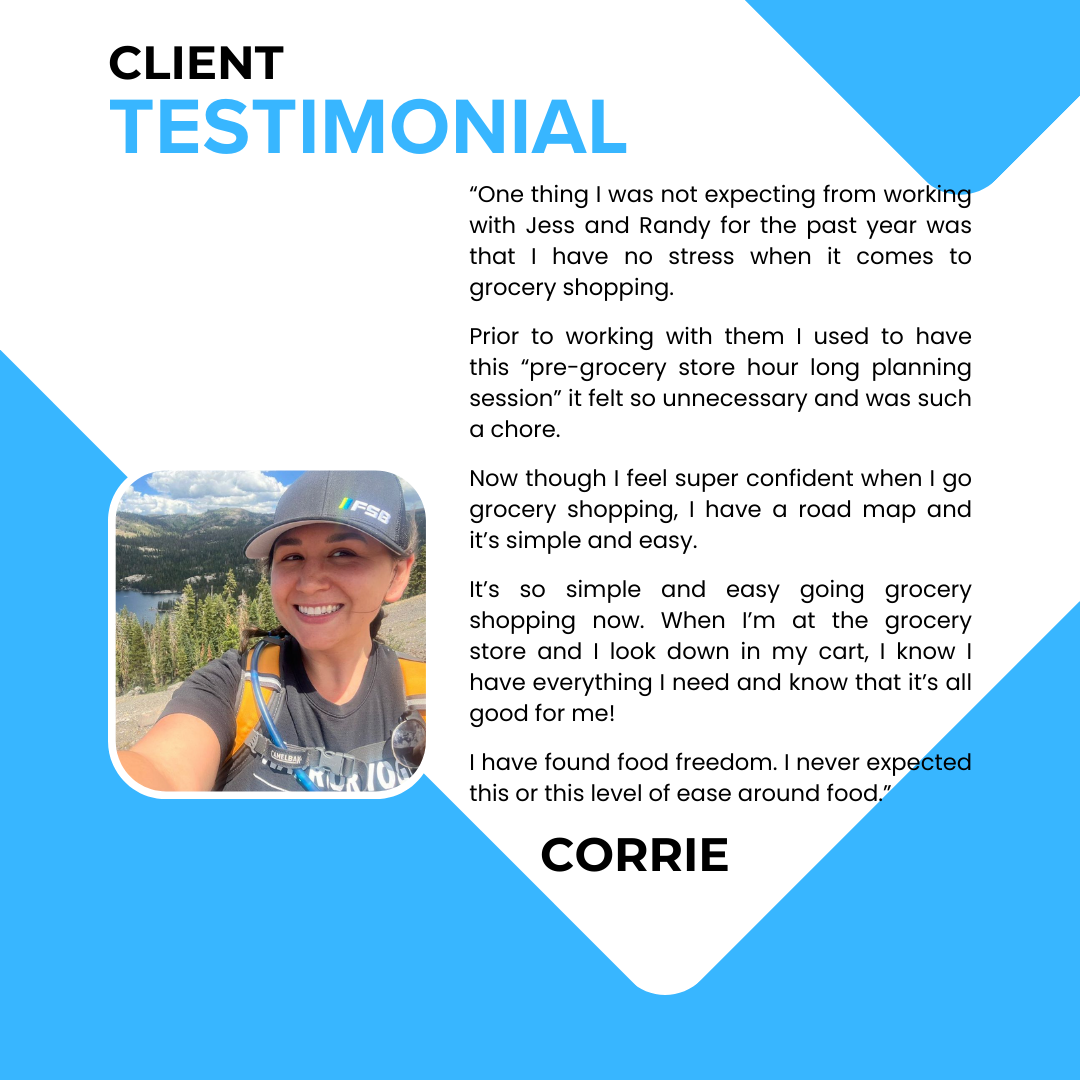 A Positive JRP Health client testimonial from Corrie highlighting stress-free grocery shopping and food freedom after coaching, accompanied by her smiling photo with a nature backdrop