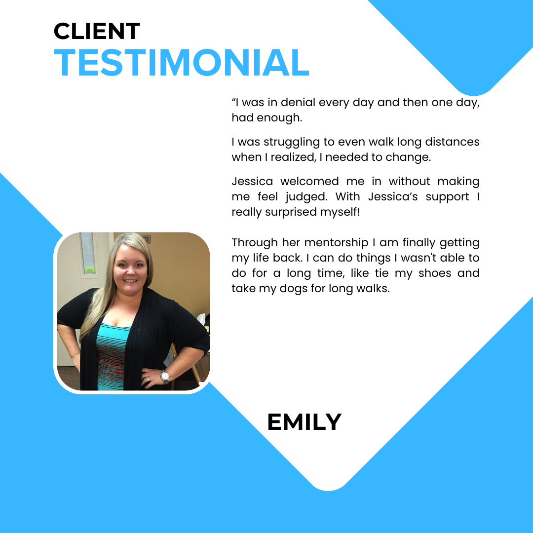 A JRP Health Client testimonial by Emily praising Jessica's supportive and non-judgmental coaching that led to significant lifestyle improvements and increased mobility